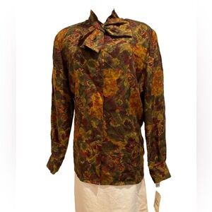 NWT 80s OLIVE GREEN & BUTTERY GOLD FLORAL BLOUSE EVAN PICONE COTTAGECORE 16W